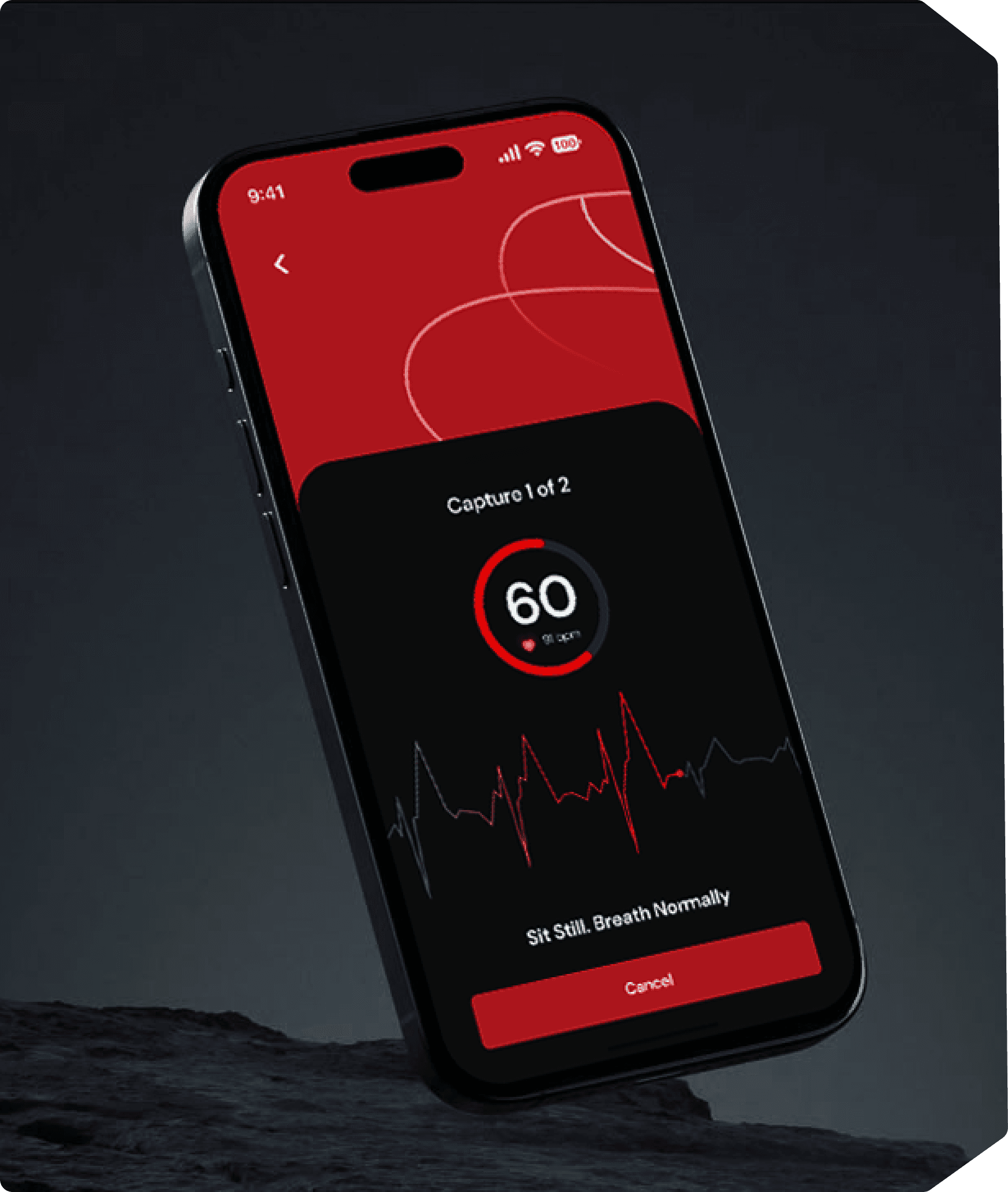 The Mirror app on a phone: live gauge, pulse trace, and session guidance