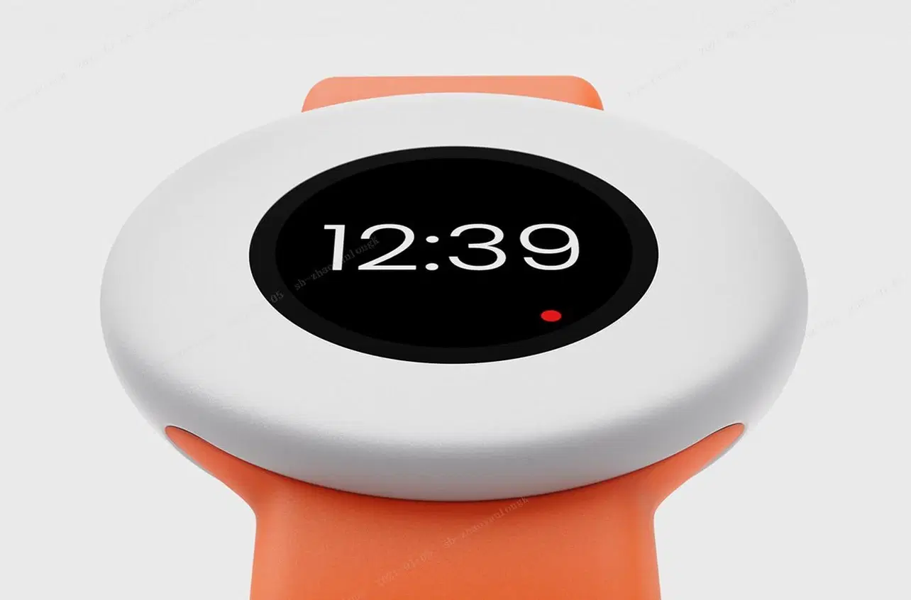Round wearable with an orange strap showing the time