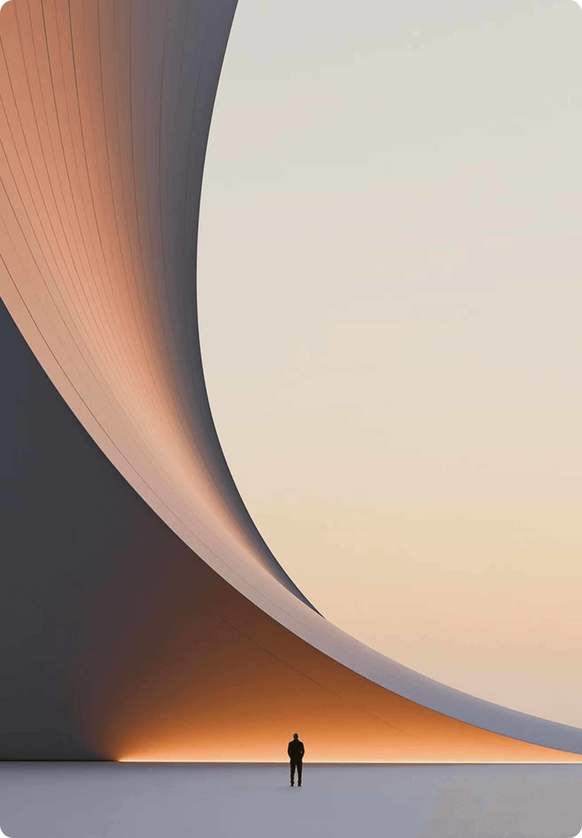 Small figure standing in a curved, glowing space