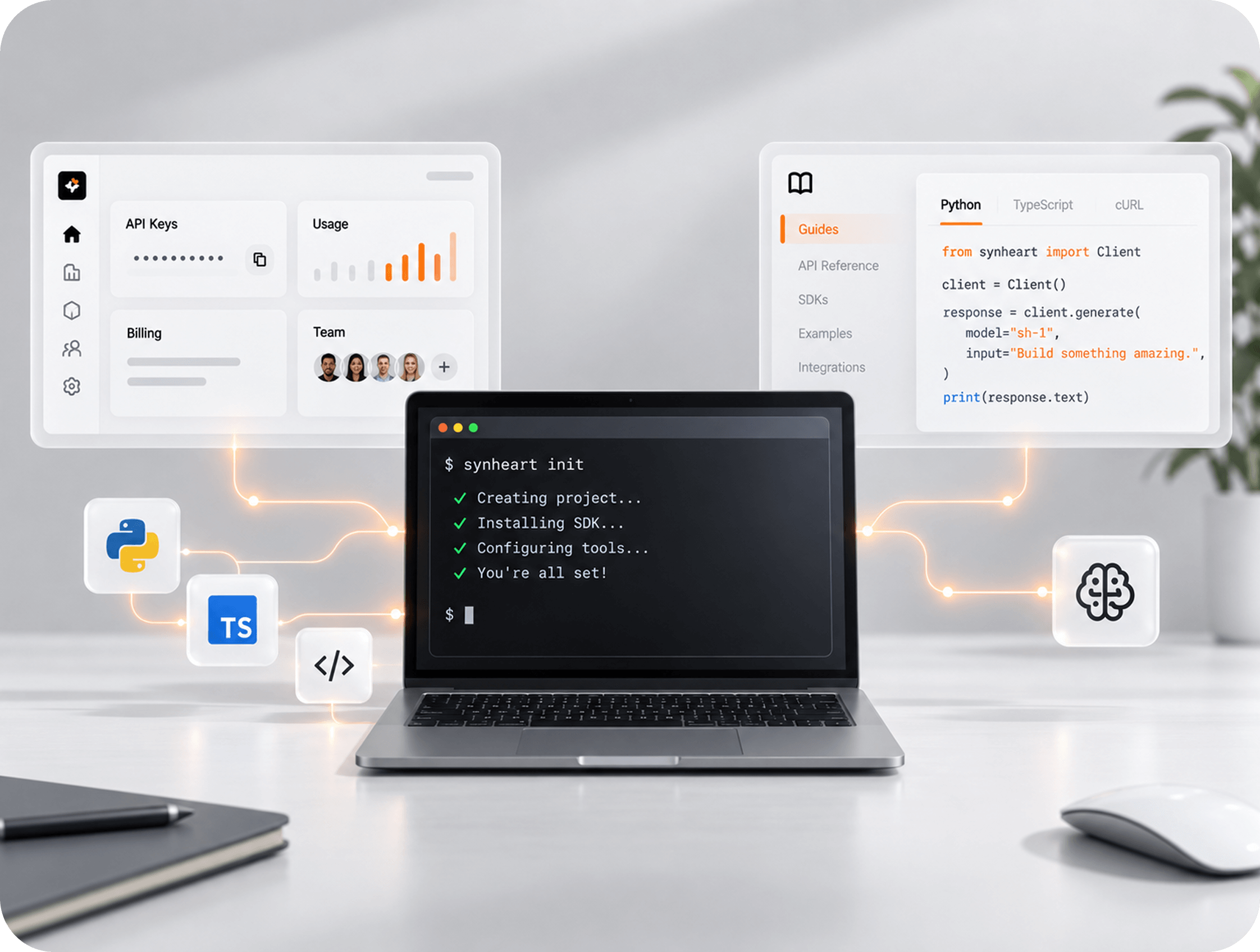 Laptop with a terminal, surrounded by code and dashboard panels