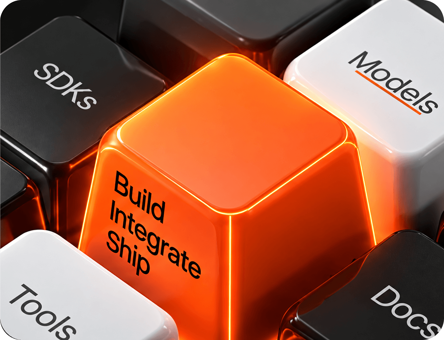 Keys labelled SDKs, Models, Docs, Tools and Build, Integrate, Ship