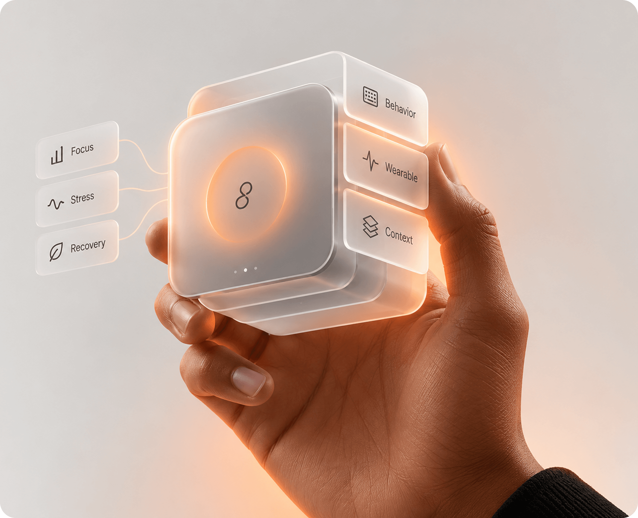 Hand holding a glass cube with data panels