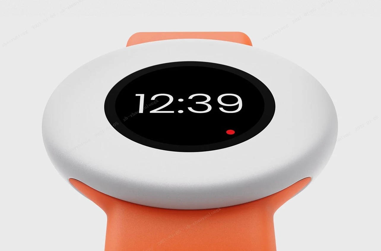 Round wearable with an orange strap showing the time