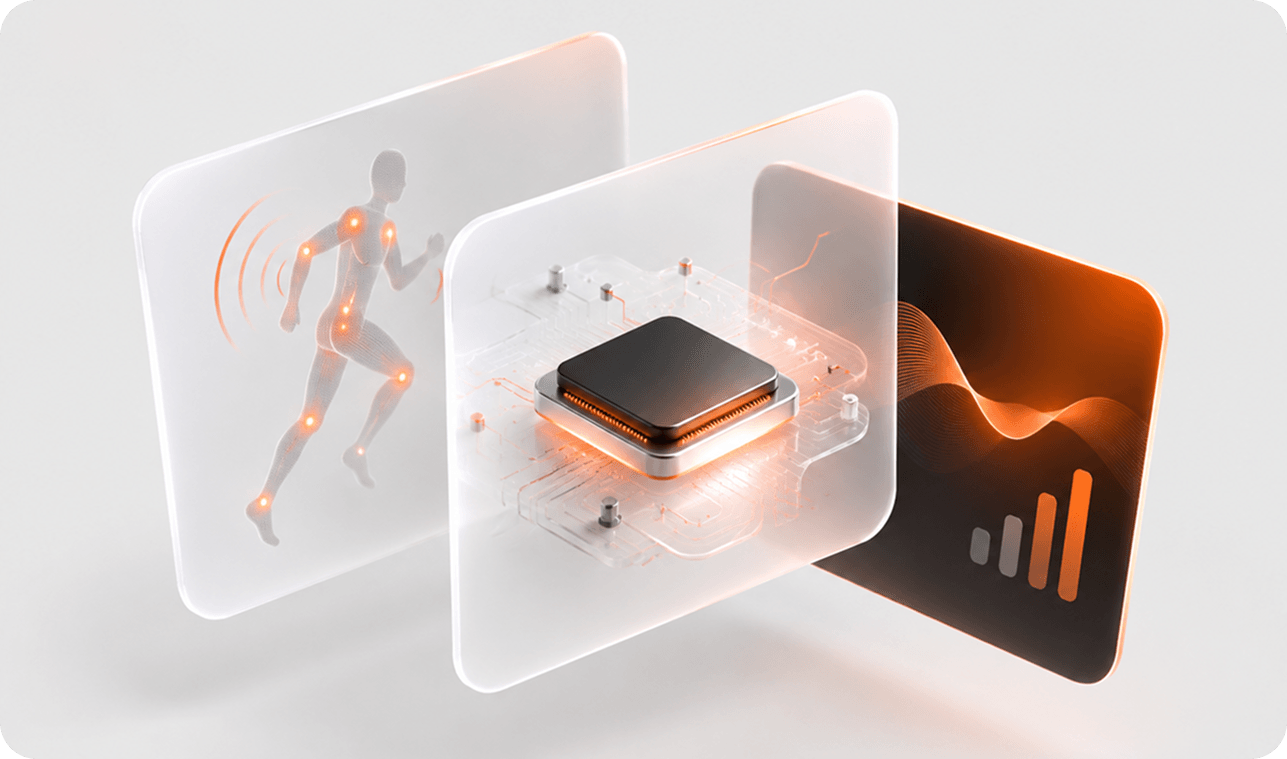 Chip between body-signal and chart panels, processing on the device