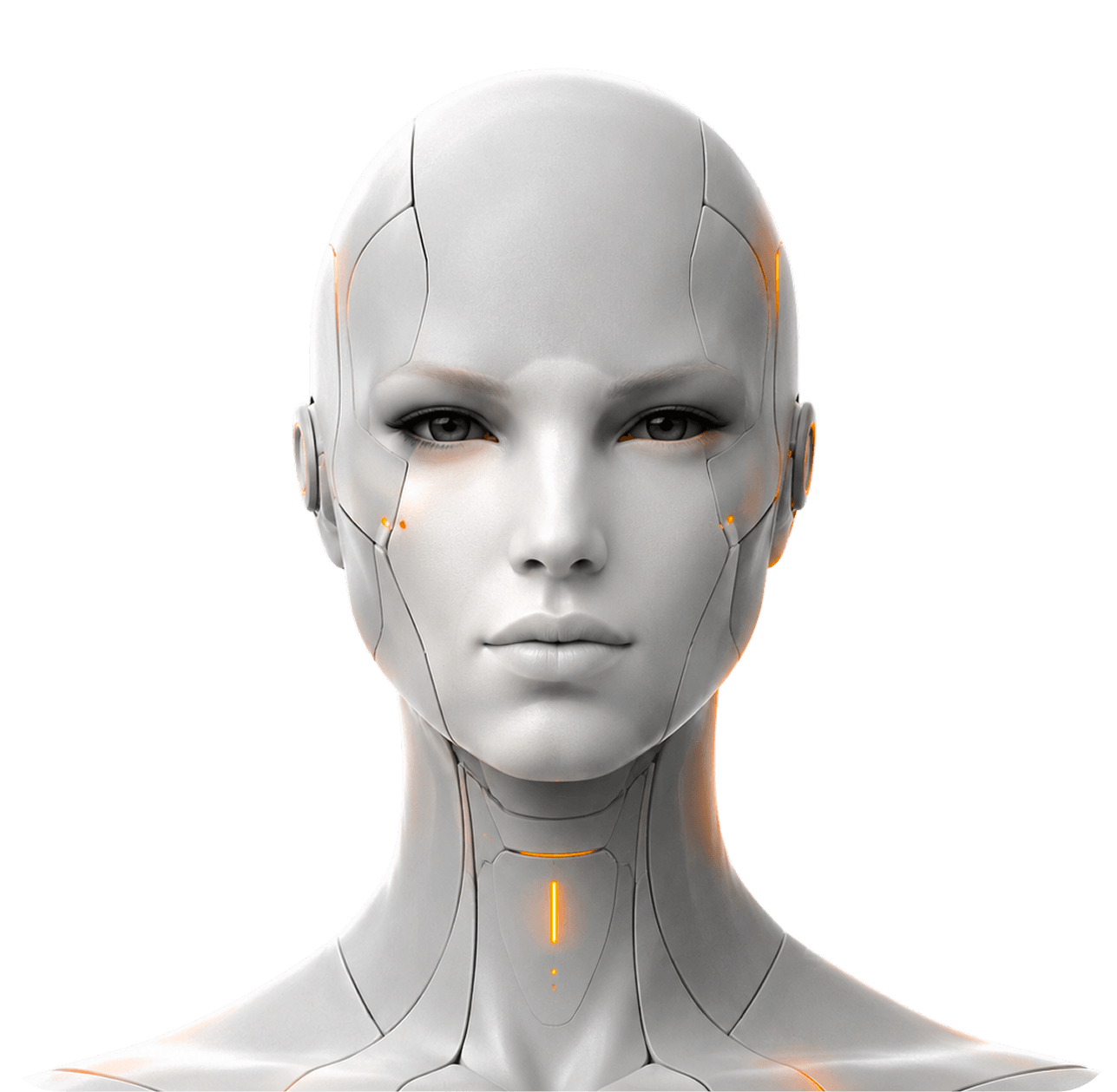 White humanoid head with orange lines