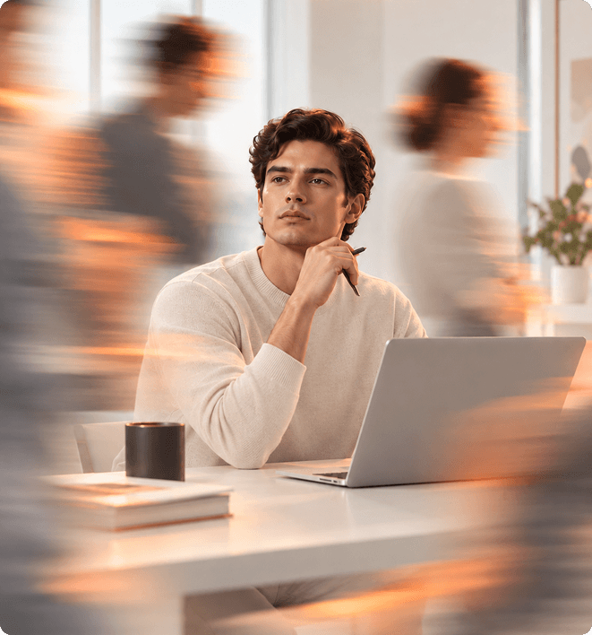 Man thinking at a laptop in a busy office