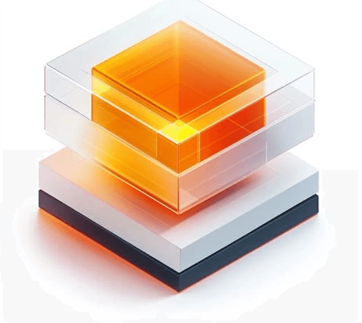 Glass and orange layered block, standing for a structured record