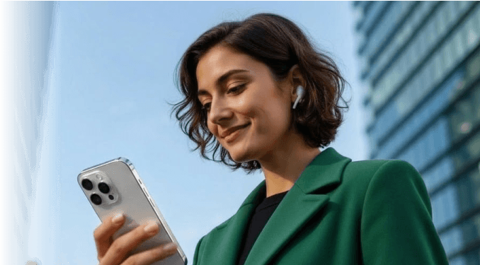Woman smiling at her phone