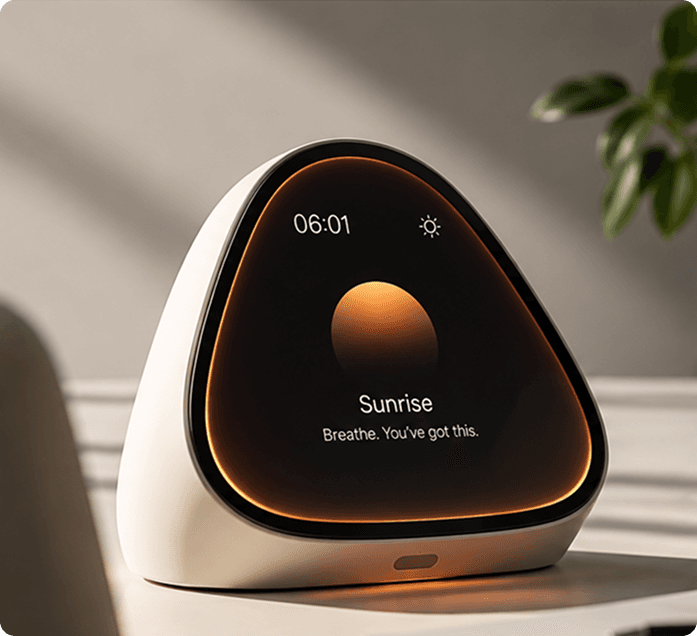 Bedside device showing a sunrise alarm