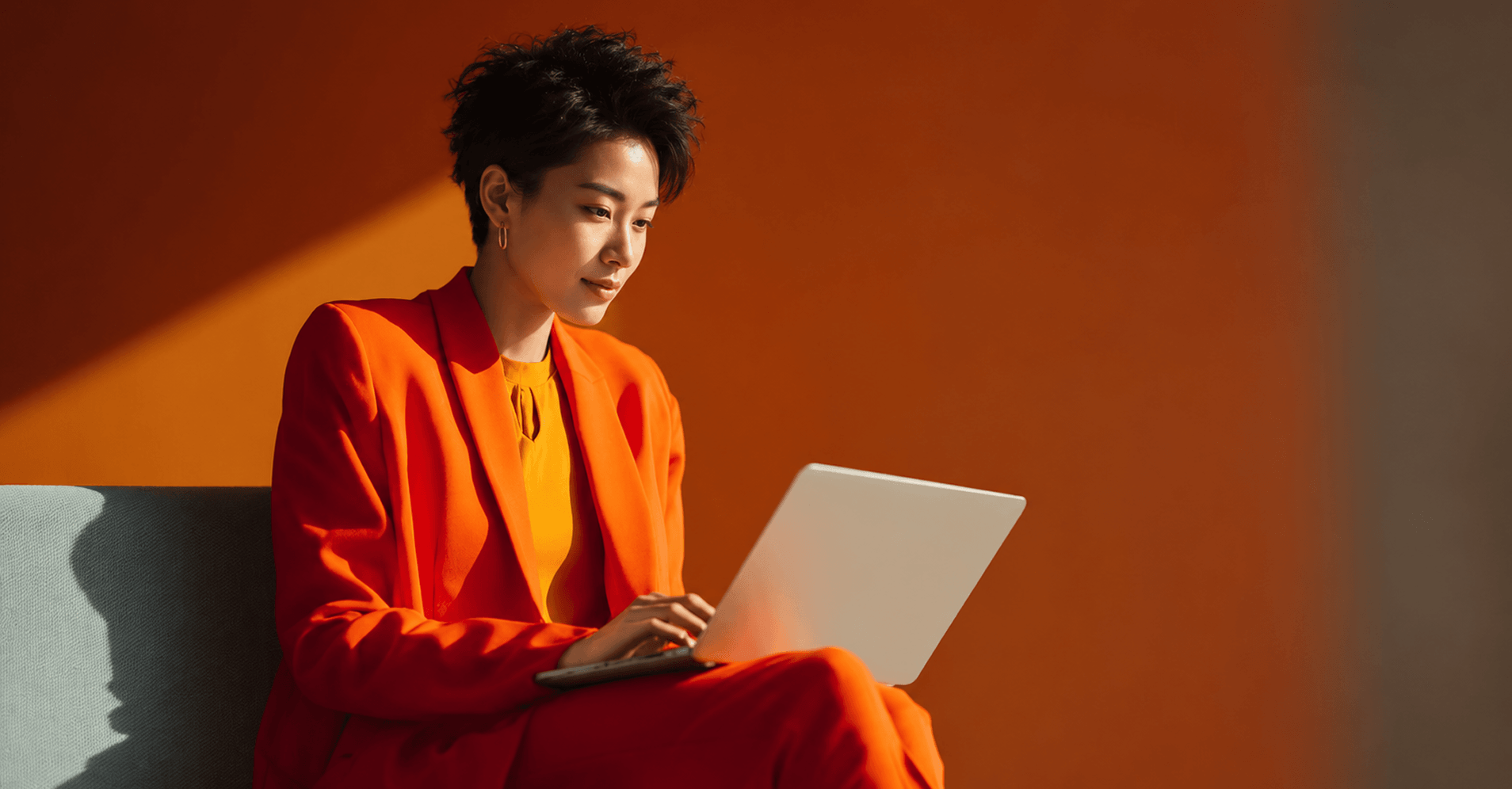 Woman in an orange suit working on a laptop against a warm orange wall