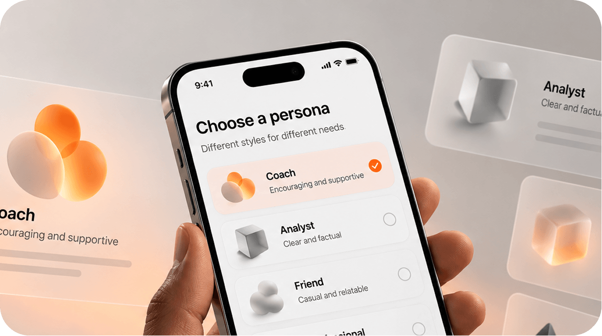 Phone showing the persona choice: Coach, Analyst, Friend