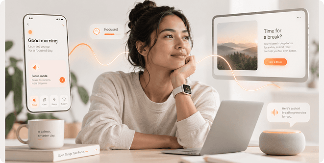 Woman at a laptop with Syni messages around her