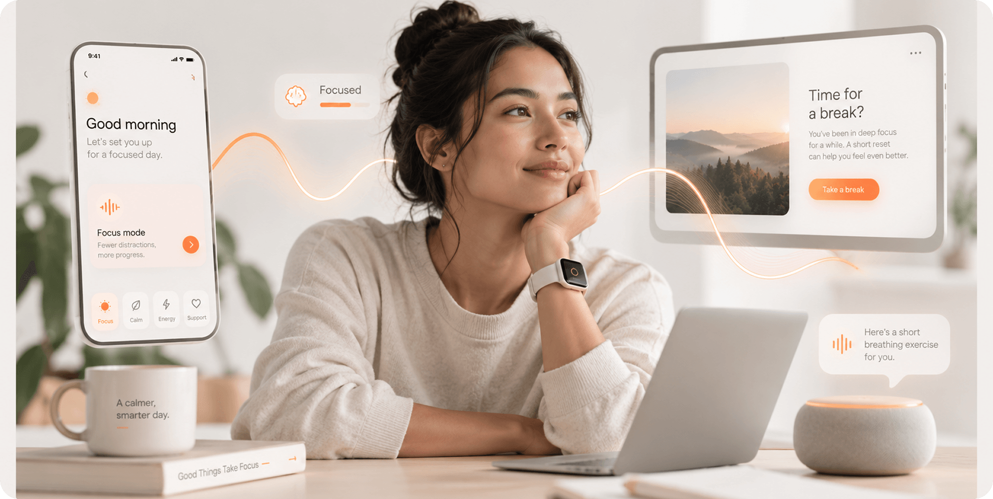 Woman at a laptop with Syni messages around her