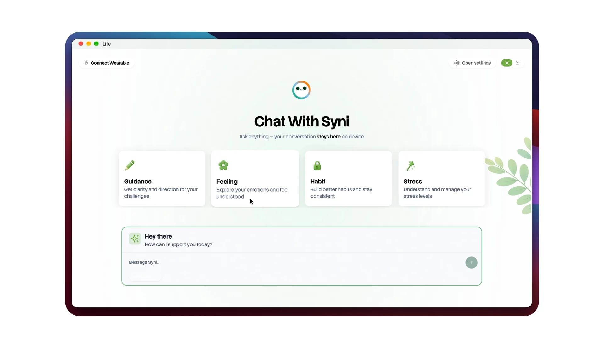 Synheart Life app on a laptop, Chat With Syni screen